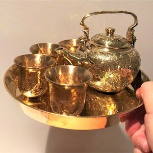 Brand New Boxed Moroccan/Thai? Handmade Luxurious Brass Golden Tea Set 6 pcs